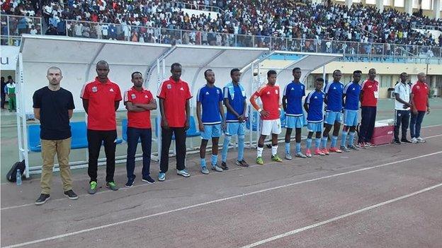 French coach Julien Mette (left) with Djibouti's technical staff and substitutes