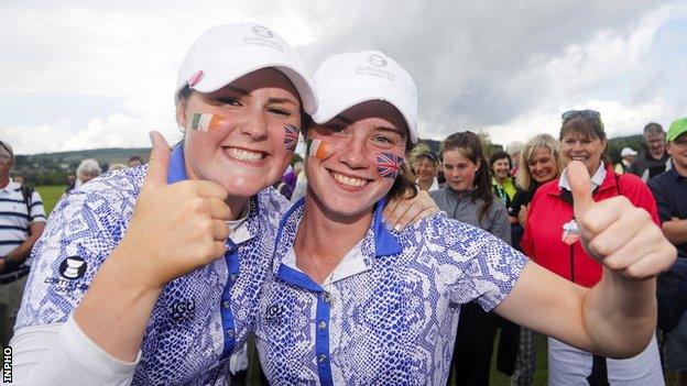 Great Britain and Ireland's Olivia Mehaffey and Leona Maguire celebrate winning the 2016 Curtis Cup