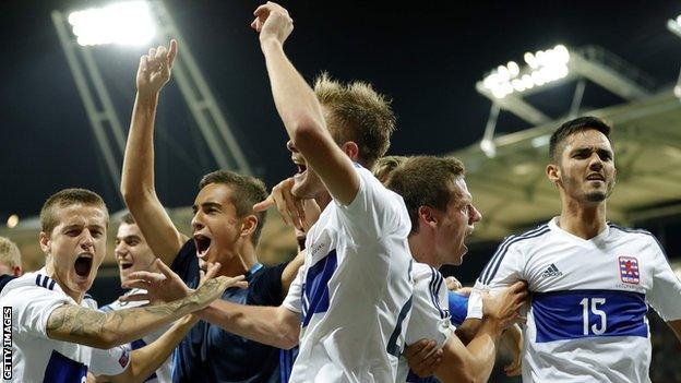 Luxembourg's players celebrate at full-time