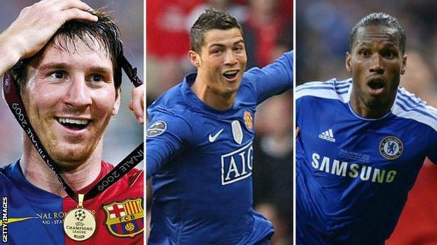 Lionel Messi, Cristiano Ronaldo and Didier Drogba