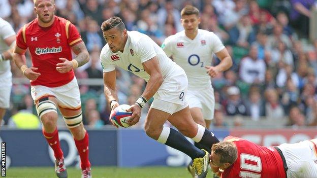 Luther Burrell scores a try against Wales