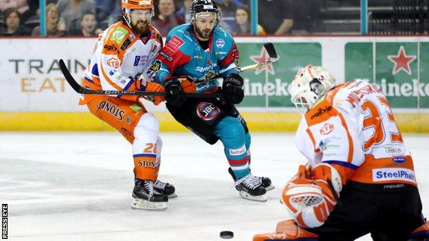 Colin Shields (centre) has a shot saved by Sheffield keeper Ervins Mustukovs in Saturday's game