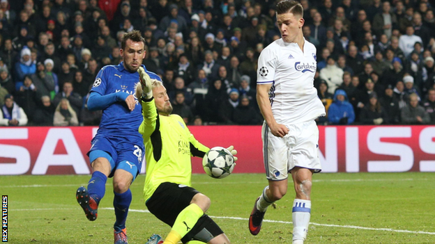 Leicester goalkeeper Kasper Schmeichel (centre) in action against FC Copenhagen