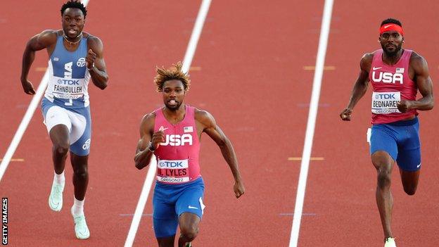 Joseph Fahnbulleh, Noah Lyles and Kenneth Bednarek in action