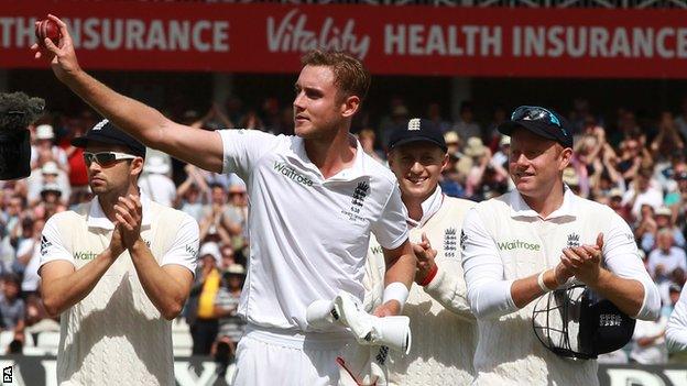 Stuart Broad (centre) celebrates his eight wickets