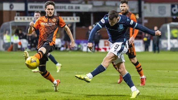 Danny Mullen shoots v Dundee United