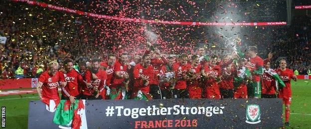 Wales celebrate after qualifying for Euro 2016