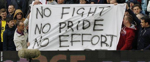 Aston Villa fans hold up a banner