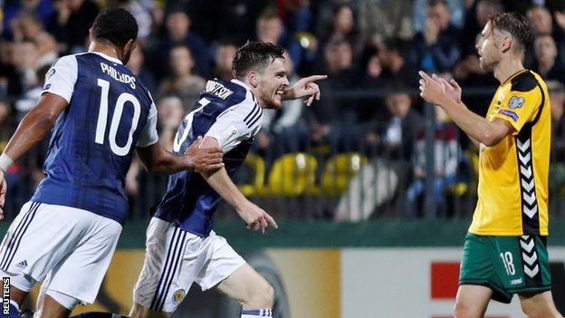 Scotland's Andrew Robertson (centre) celebrates his goal against Lithuania