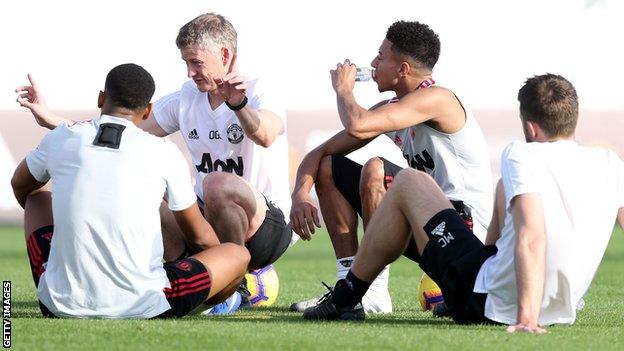 Caretaker Manager Ole Gunnar Solskjaer of Manchester United in action during a first team training session at Nad Al Sheba in Dubai