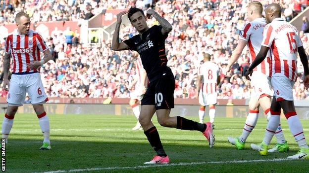 Philippe Coutinho celebrates scoring for Liverpool against Stoke City