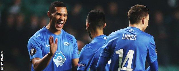 Molde's Ruben Gabrielsen and Etzaz Hussain celebrate against Celtic in Glasgow