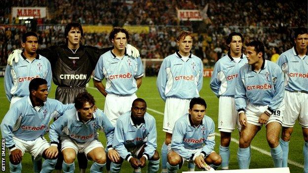 The Celta Vigo team which beat Liverpool 3-1 in the old Uefa Cup at Estadio Balaidos in 1998