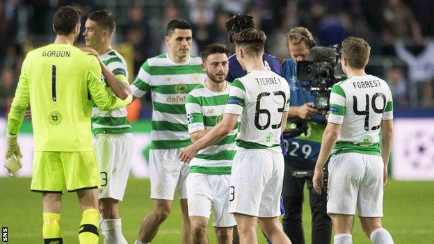 The Celtic players celebrate their win over Anderlecht in Brussels