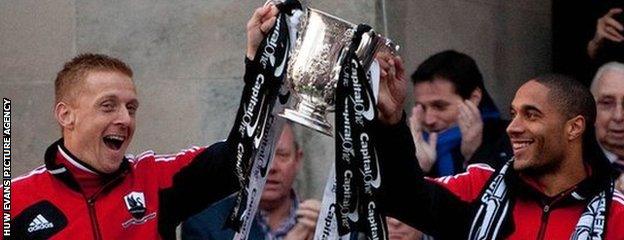 Garry Monk and Ashley Williams celebrate Swansea's 2013 Capital One Cup final victory