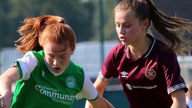 Hibs' Colette Cavanagh and Hearts' Clare Delworth