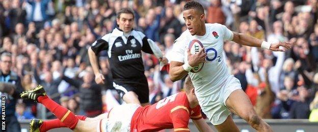 Anthony Watson scores England's first try against Wales