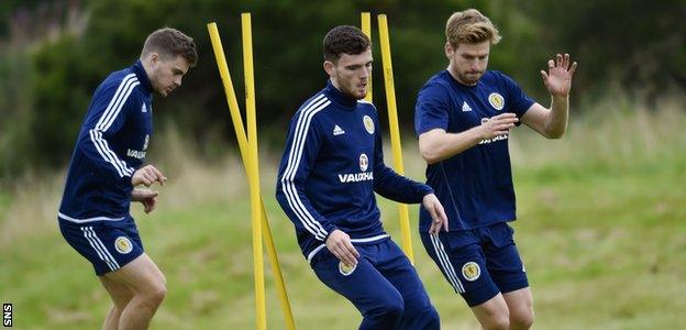 James Forrest, Andrew Robertson and Stuart Armstrong train at Bishopton