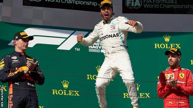 Podium top three: Lewis Hamilton, Max Verstappen and Sebastian Vettel