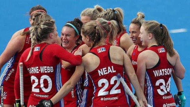 GB women's hockey celebrate