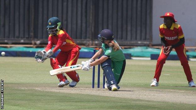 Leah Paul plays a reverse sweep shot in her impressive innings in Harare on Thursday