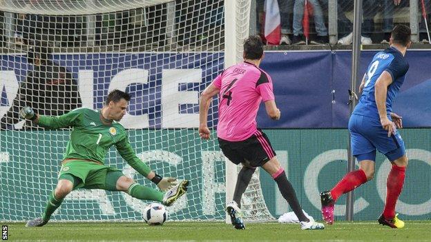 Olivier Giroud scores for France against Scotland