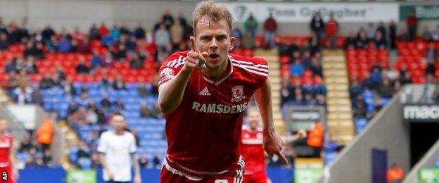 Jordan Rhodes celebrates a goal for Middlesbrough last season