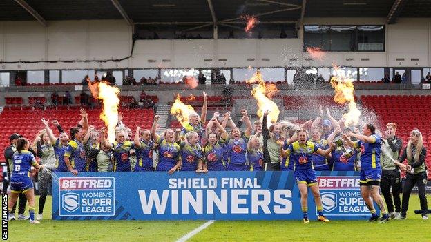 Warrington celebrate winning the Women's Super League Shield Final