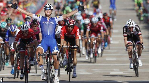 Matteo Trentin celebrates winning stage four of the Vuelta