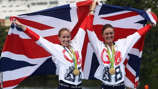 Helen Glover and Heather Stanning celebrate winning gold in the women's pairs at the Rio 2016 Olympics