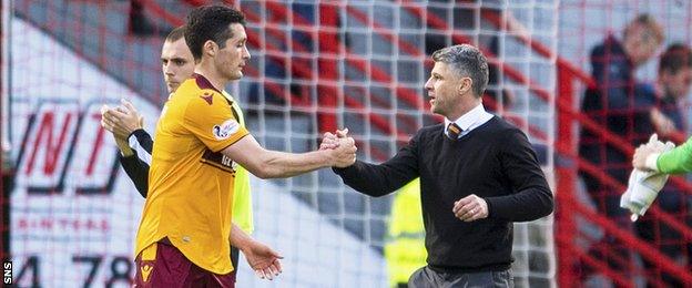 Carl McHugh and Stephen Robinson of Motherwell shake hands