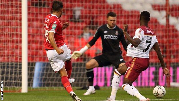 Joao Carvalho scores his second goal for Nottingham Forest against Bradford City