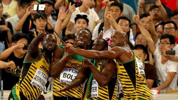 Jamaica's gold medal-winning 4 x 100m relay team at the Beijing Olympics