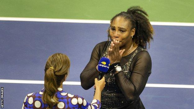 Serena Williams reacts to a question on court after her US Open match against Ajla Tomljanovic