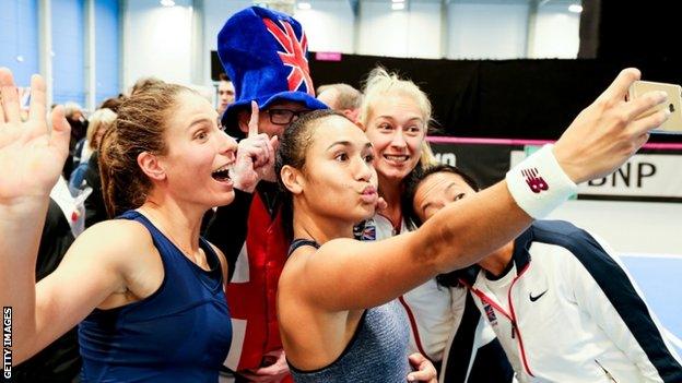 Johanna Konta (left) and Heather Watson (centre)