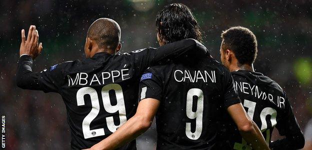 PSG's Kylian Mbappe, Edinson Cavani and Neymar celebrate against Celtic