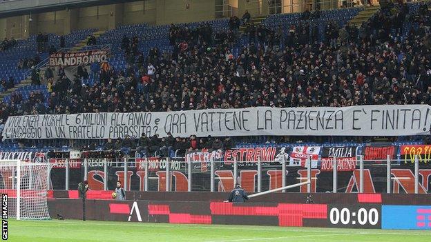 Fans unfurled a banner saying "the patience is over" at the San Siro on Wednesday