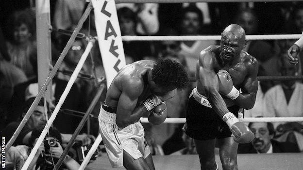 Marvin Hagler throws a punch at Thomas 'Hit Man' Hearns in their 1985 fight
