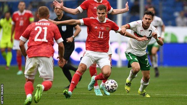 Russia's Roman Zobnin in action against Bulgaria in a friendly before the start of Euro 2020