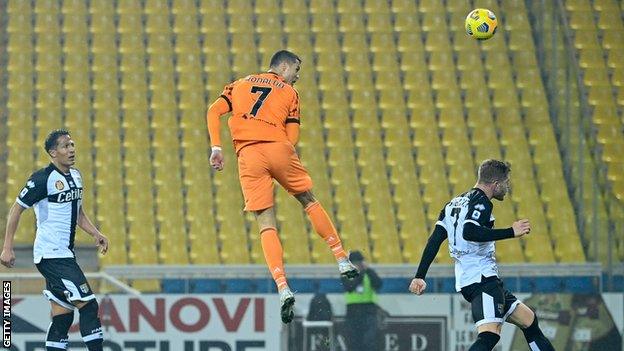 Cristiano Ronaldo scores a header for Juventus