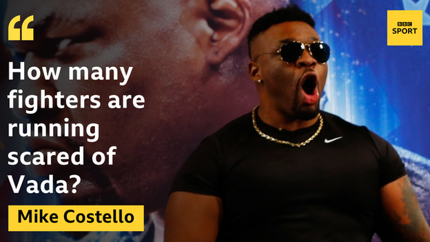 Jarrell Miller pictured with graphic about the Voluntary Anti-Doping Association (Vada), which operates in boxing and mixed martial arts