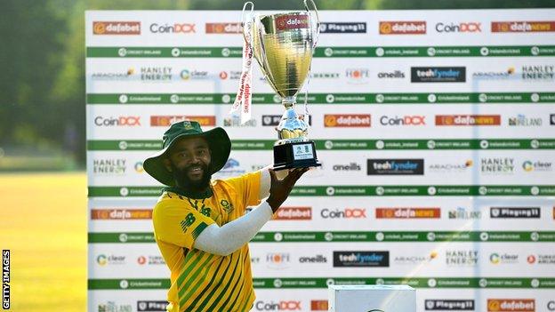 South Africa captain Temba Bavuma with the T20 series trophy