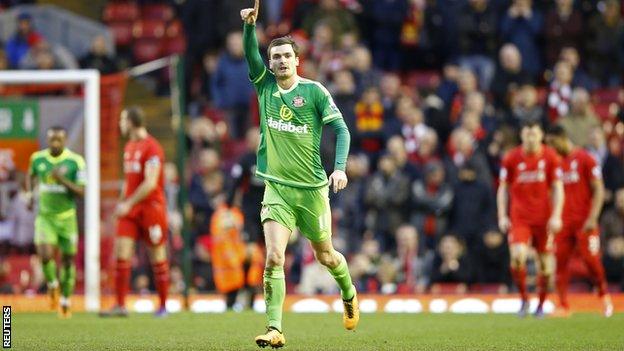 Adam Johnson celebrates scoring against Liverpool in February in his last appearance for Sunderland