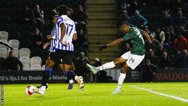 Jordan Garrick scores Plymouth Argyle's opening goal