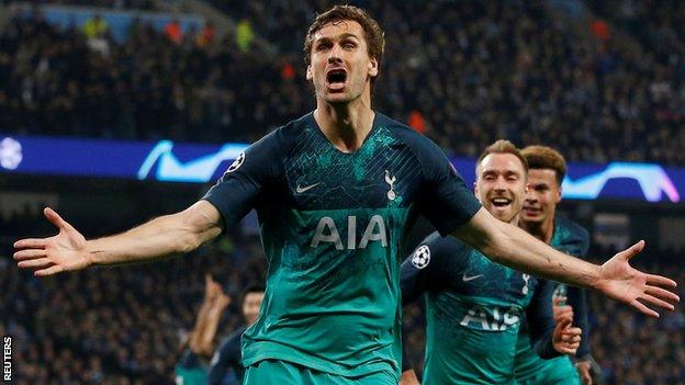 Fernando Llorente celebrates scoring for Tottenham against Manchester City in the 2018-19 Champions League quarter-final, second leg at Etihad Stadium