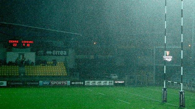 The scene at the Lanfranchi Stadium in Parma after the Zebre v Connacht match was called off