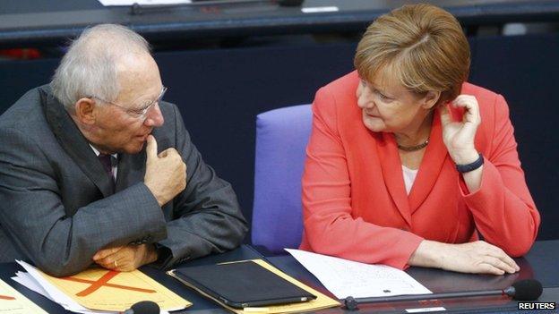 German Finance Minister Wolfgang Schaeuble with Angela Merkel