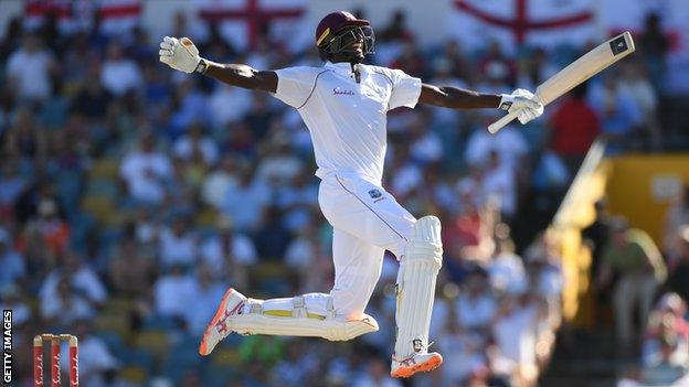 West Indies captain Jason Holder celebrates his double century