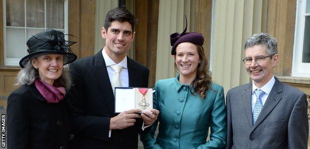 Alastair Cook with wife Alice, father Graham and mother Stephanie after being awarded a CBE by the Prince of Wales in 2017