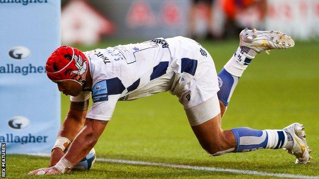 Siale Piutau scores Bristol Bears' third try against Worcester Warriors